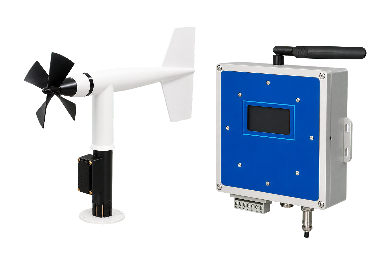 AeroSense-Mini60-L low-temperature wind sensor with AeroSense-Alert alarm controller three-quarter right view